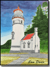 Heceta Head, Oregon Lighthouse-pen and ink watercolor by Sam Davis 2021